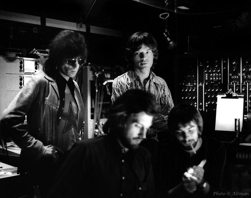 Photo: Keith Richards, Mick Jagger, producers Jimmy Miller and Glyn John